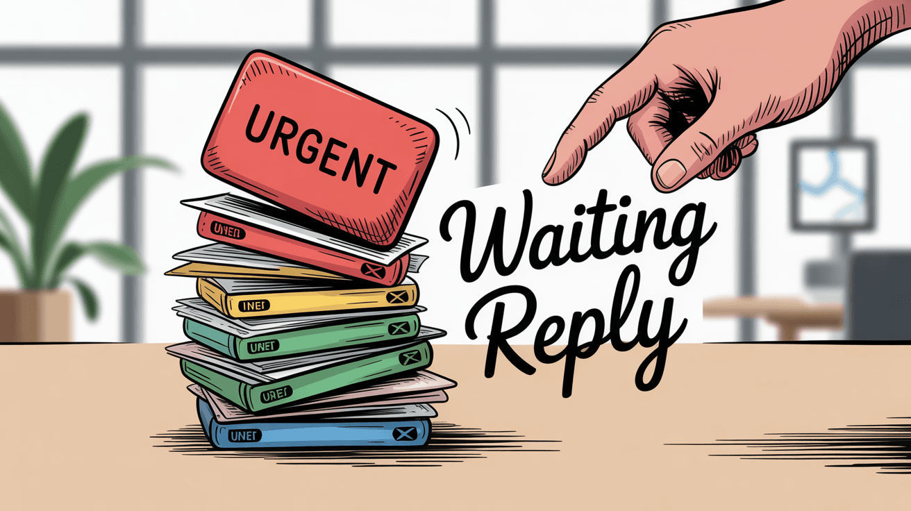 Hand-drawn illustration of email triage and prioritization system showing waiting for reply categories
