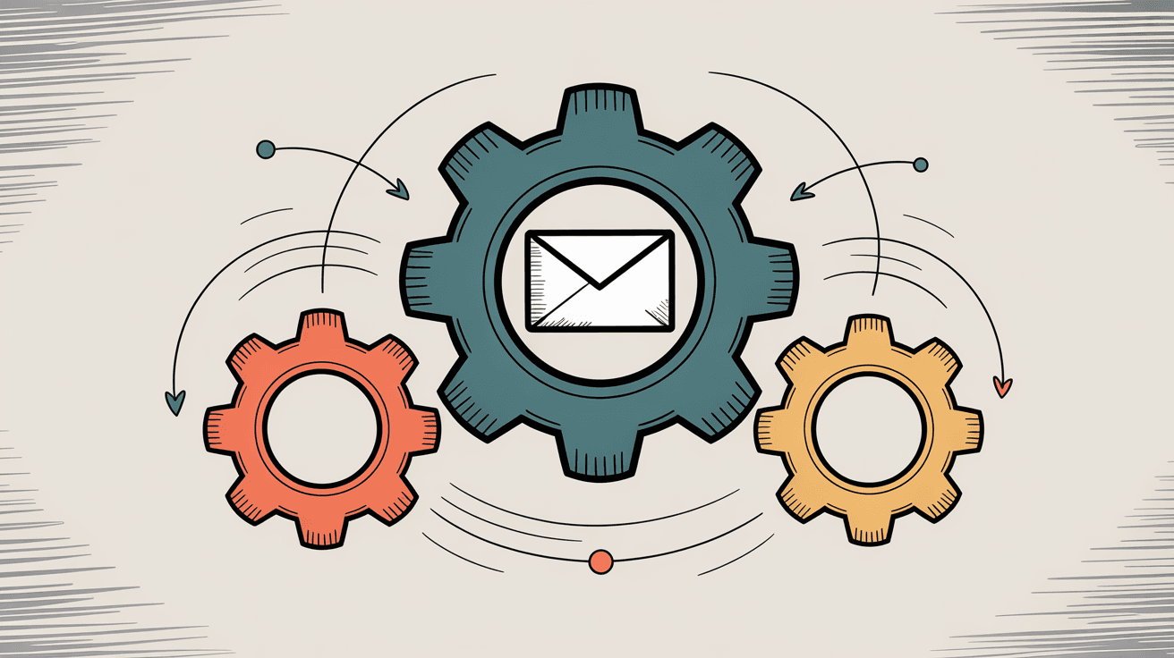 Hand-drawn illustration showing interconnected gears with email envelope, representing email platform workflow comparison